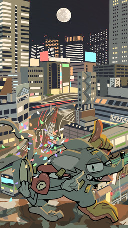 anthro chibi city cityscape clothing confetti duo ear_piercing ear_tag gloves handwear male piercing tongue toony vetiver_n mad_rat_dead nippon_ichi_software heart_(mad_rat_dead) mad_rat_(mad_rat_dead) heart_creature mammal murid murine organ_creature rat rodent 9:16 hi_res