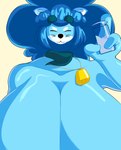 3_fingers alexis_(vanillabeangoat) anthro bell big_breasts blue_body blue_hair breasts canid canine canis collar domestic_dog eyebrow_through_hair eyebrows female fingers hair hi_res huge_breasts mammal milk scarf smile solo translucent translucent_hair vanillabeangoat