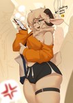 anthro big_butt bottomwear bulge butt cellphone clothed clothing dolphin_shorts electronics eyewear femboy glasses looking_at_viewer male phone shorts skimpy smug solo sweater text thick_thighs topwear coughytoffee bovid caprine mammal sheep english_text hi_res