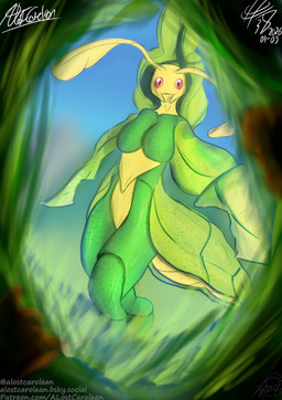 ambiguous_gender antennae_(anatomy) anthro arthropod_abdomen big_breasts breasts duo female freckles grass green_body leaf leaf_arms looking_at_viewer mandibles offscreen_character plant red_eyes spying thick_thighs alostcarolean nintendo pokemon arachnid arthropod generation_5_pokemon insect leavanny pokemon_(species) spider hi_res