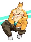 abs anthro belly_tuft bottomwear bottomwear_down bulge chest_tuft clothed clothing footwear male muscular muscular_anthro muscular_male name_tag navel neckwear nipples pants pants_down partially_clothed pecs simple_background sitting socks solo thong tuft underwear rjay_owo odd_taxi fuyuki_yamamoto_(odd_taxi) canid canine fox mammal 2021 absurd_res artist_name hi_res