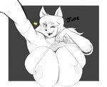 anthro areola big_breasts breasts clothed clothing clothing_lift female huge_breasts mature_anthro mature_female nipple_slip nipples one_eye_closed shirt shirt_lift solo topwear wink pokebii june_(jinu) canid canine canis domestic_dog mammal shiba_inu spitz hi_res monochrome