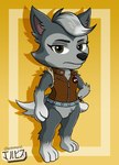 anthro black_nose bracelet clothed clothing female fur grey_body grey_fur hair jacket jewelry looking_at_viewer simple_background solo topwear jackintaro paw_patrol gasket_(paw_patrol) canid canine canis domestic_dog husky mammal nordic_sled_dog spitz hi_res