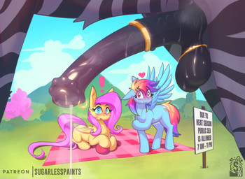 accessory aroused balls blue_body bodily_fluids cock_ring detailed_background eyelashes feathered_wings feathers female feral fur genital_fluids genitals group hair heart_eyes heart_symbol jewelry looking_at_genitalia looking_at_penis male outside penis penis_accessory penis_jewelry pink_hair pupils quadruped sign smile striped_body stripes tail thick_thighs trio wings yellow_body sugarlesspaints friendship_is_magic hasbro my_little_pony mythology fluttershy_(mlp) rainbow_dash_(mlp) equid equine mammal mythological_creature mythological_equine pegasus zebra absurd_res hi_res