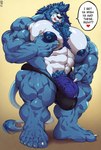 5_fingers 5_toes anthro barazoku barely_contained barely_contained_penis big_muscles big_penis black_nose blue_body blue_fur blue_hair blue_nipples body_hair bulge chest_hair claws clothing english_text eyewear feet felid fingers fur genitals glasses hair hi_res huge_muscles huge_penis humanoid_feet humanoid_genitalia humanoid_hands humanoid_penis inviting licking licking_lips lion looking_at_viewer male mammal mane mizuraion muscular muscular_anthro muscular_male nipples pantherine penis pink_tongue plantigrade pubes simple_background solo speech_bubble standing text thick_penis toes tongue tongue_out underwear vein veiny_muscles veiny_penis white_claws zoroj