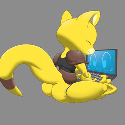ambiguous_gender blush butt computer electronics laptop solo tail yellow_body yellow_skin adeviantcritter nintendo pokemon abra generation_1_pokemon humanoid mammal pokemon_(species) 1:1 hi_res