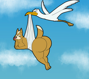 anthro beak big_butt butt delivery_(commerce) duo feral male nude object_in_mouth pacifier pacifier_in_mouth yellow_beak darthtater342 nintendo star_fox delivery_stork fox_mccloud avian bird canid canine fox mammal stork hi_res
