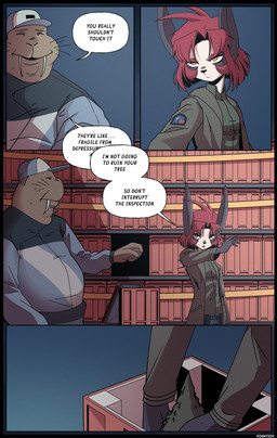 anthro baseball_cap box cargo clothed clothing container crate dialogue duo evergreen_tree eyes_always_closed eyes_closed female fur grey_ears hair hat headgear headwear inside inspection jacket looking_at_another male open_mouth overweight overweight_male pine_tree plant plant_pot police police_officer police_uniform potted_plant red_hair short_hair speech_bubble stern_look text topwear tree uniform whiskers white_body white_fur kosatich elisa_(kosatich) lagomorph leporid mammal marine pinniped rabbit walrus 2025 absurd_res artist_name comic digital_media_(artwork) english_text hi_res