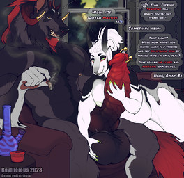 accessory anthro anthro_on_anthro balls barbell_piercing big_balls big_penis black_body black_fur bong butt butt_grab drugs duo female female_anthro fur furgonomics genitals green_eyes green_nipples grey_body grey_fur hair hand_on_butt horn horn_accessory horn_cap huge_balls huge_penis knot knotted_penis male male/female male_anthro marijuana marijuana_blunt muscular muscular_anthro muscular_male narrowed_eyes nipple_barbell nipple_piercing nipples nude open_mouth penis piercing profanity red_horn ridged_knotted_penis ridged_penis sitting smile smoke smoking speech_bubble text white_body white_fur white_hair yellow_eyes rayliicious natalya_(maddemoncat) reamus_(rayliicious) canid canine mammal species_request 2023 artist_name dated english_text