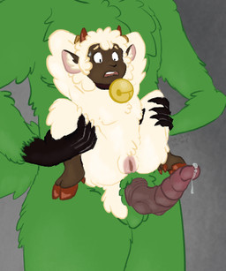 andromorph animal_genitalia anthro arms_tied bell bell_collar bodily_fluids bound cloaca cloacal_penis collar duo fur genital_fluids genitals green_body green_fur hands_behind_head held_up hooves horn imminent_sex intersex knot knotted_penis male penis precum questionable_consent size_difference spread_legs spreading sweat sweatdrop unusual_anatomy unusual_genitalia unusual_penis vulva white_body white_fur wool_(fur) worried abyssalshrimp cult_of_the_lamb massive_monster_(studio) lamb_(cult_of_the_lamb) leshy_(cult_of_the_lamb) bagworm bovid caprine mammal monster sheep low_res nonbinary_(lore)