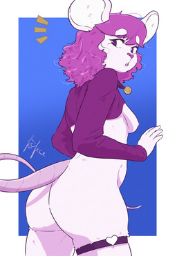 5_fingers anthro big_butt bottomless breasts butt clothed clothing crop_top female fingers fur hair medal mouse_ears mouse_tail nipples nude pink_body pink_fur pink_hair round_ears shirt solo tail teeth topwear fefece art_fight lucy_(chalex) mammal mouse murid murine rodent hi_res
