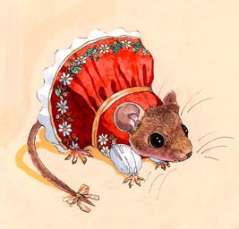 accessory bavarian_clothing big_eyes black_eyes bow_ribbon brown_background brown_bow brown_sclera clothed clothed_feral clothing dress female feral floral_print furgonomics quadruped red_clothing red_dress ribbons shadow simple_background solo standing tail tail_accessory tail_bow tail_ribbon whiskers poodlewool mammal mouse murid murine rodent hi_res painting_(artwork) watercolor_(artwork)