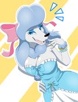 anthro bracelet bustier clothing eyelashes eyeliner eyeshadow female jewelry looking_at_viewer makeup open_mouth pompadour poofy_hair ribbons solo zebra10045 disney oliver_and_company georgette_(disney) canid canine canis domestic_dog mammal poodle 2023 hi_res