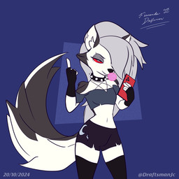 alternative_fashion anthro blouse blowing_bubble_gum bottomwear breasts bubble_gum candy claws clothing collar dessert ear_piercing ear_stud ears_up electronics eyelashes female finger_claws fingers food gesture gloves goth gum hair hand_gesture handwear hidden_eyes long_hair middle_finger occult_symbol organs panties pentagram phone piercing pose rebel red_eyes seductive shorts slim slim_female small_waist solo spread_legs spreading standing stomach symbol tail thick_tail thick_thighs topwear underwear white_hair wide_hips fernandojcdraftsman hellaverse helluva_boss loona_(helluva_boss) canid canine canis mammal wolf 1:1 absurd_res hi_res pinup