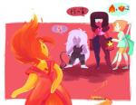 2015 adventure_time alien alien_humanoid amethyst_(gem_species) amethyst_(steven_universe) armor cartoon_network chest_gem clothed clothing crossover crystal elemental_creature elemental_humanoid female fire fire_creature fire_humanoid flame_princess flaming_hair forehead_gem fully_clothed garnet_(gem_species) garnet_(steven_universe) gauntlets gem gem_(species) gem_fusion gloves group handwear holding_object holding_weapon humanoid larger_female melee_weapon natouu not_furry pearl_(gem_species) pearl_(steven_universe) perspective pictographics polearm pseudo_hair size_difference smaller_female spear species_confusion speech_bubble standing steven_universe visor weapon whip