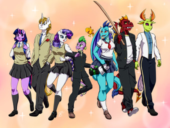 anthro anthrofied backpack blonde_hair blue_eyes bokken clothed clothing eyelashes female footwear fully_clothed green_eyes group hair hand_in_pocket holding_object holding_weapon horn legwear male melee_weapon multicolored_hair open_mouth pockets practice_sword purple_eyes purple_hair red_eyes school_uniform shoes smile socks tail uniform weapon wings pia-sama european_mythology friendship_is_magic greek_mythology hasbro my_little_pony mythology garble_(mlp) peewee_(mlp) prince_blueblood_(mlp) princess_ember_(mlp) rarity_(mlp) spike_(mlp) thorax_(mlp) twilight_sparkle_(mlp) arthropod avian changeling_(mlp) dragon equid equine mammal mythological_avian mythological_bird mythological_creature mythological_equine mythological_firebird mythological_scalie phoenix reformed_changeling scalie unicorn 2018 digital_media_(artwork)