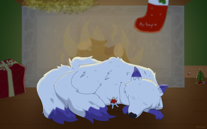 3_tails ambiguous_gender beard blonde_beard blonde_facial_hair blonde_hair bottomwear christmas_clothing christmas_decorations christmas_present christmas_stocking christmas_sweater christmas_topwear christmas_tree clothed clothing dipstick_ears dipstick_tail duo ear_markings extreme_size_difference eyes_closed facial_hair feral fireplace fur gift hair holidays larger_ambiguous larger_feral leg_markings macro macro_ambiguous macro_female male markings micro micro_human micro_male multi_tail multicolored_ears multicolored_tail pants plant purple_body purple_fur quadruped size_difference sleeping smaller_human smaller_male socks_(marking) sweater tail tail_markings topwear tree white_body white_fur veryunluckydice christmas the_nature_of_predators artaya_(venlilwrangler) fan_character ullr_(venlilwrangler) alien arctic_fox canid canine fox human jaslip_(the_nature_of_predators) mammal true_fox 16:10 absurd_res digital_media_(artwork) hi_res signature widescreen female_(lore)