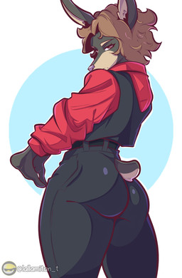 anthro butt clothing female simple_background solo tail lallamitan_t rachel_(lallamitan_t) canid canine canis dobermann domestic_dog mammal pinscher absurd_res digital_media_(artwork) hi_res