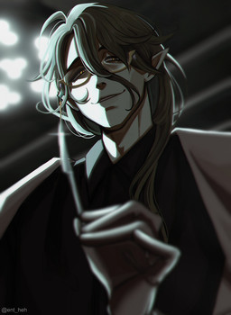 black_clothing black_eyebrows black_topwear blurred_background cheekbones clothed clothing coat defined_cheekbones detailed_background eyebrows eyelashes eyewear fingers glasses glasses_chain green_hair hair holding_object holding_scalpel humanoid_pointy_ears light lights long_hair looking_at_viewer male male_humanoid medical_instrument not_furry open_mouth pointy_ears scalpel scientific_instrument shirt smile solo surgical_instrument topwear white_body white_clothing white_coat white_skin white_topwear yellow_eyes yellow_eyewear yellow_glasses ent_heh genshin_impact mihoyo baizhu_(genshin_impact) humanoid 2025 absurd_res hi_res lighting redraw