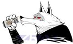 anthro beverage canid canine canis clothed clothing death_(puss_in_boots) dreamworks drinking facial_markings fluffy head_markings holding_object izra male mammal markings mask_(marking) prick_ears puss_in_boots_(dreamworks) red_eyes simple_background solo white_background wolf