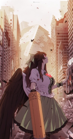 3_eyes ashes black_hair black_wings blurred_background bottomwear breasts building cape chest_eye city clothing detailed_background feathered_wings feathers female frilly frilly_bottomwear frilly_clothing frilly_skirt green_bottomwear green_clothing green_skirt hair multi_eye post-apocalyptic red_eyes ruins shirt skirt sky skyscraper solo topwear white_cape white_clothing white_shirt white_topwear wings ultragruntyy touhou utsuho_reiuji animal_humanoid avian avian_humanoid humanoid winged_humanoid absurd_res hi_res portrait three-quarter_portrait