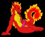 animal_genitalia anthro balls blue_eyes chest_spike countershading erection eyebrows fire flaming_hair flaming_mane flaming_tail genitals hand_on_leg knot leaning leaning_backward long_ears long_tail looking_at_viewer male penis pink_penis pseudo_hair pseudo_mane pupils raised_eyebrow red_body ridged_penis seductive sheath sitting slit_pupils smile smirk solo spikes spikes_(anatomy) tail tongue tongue_out yellow_balls yellow_body yellow_countershading void_lizard mythology salamander_(void_lizard) dragon mythological_creature mythological_scalie scalie 2022 digital_drawing_(artwork) digital_media_(artwork) hi_res