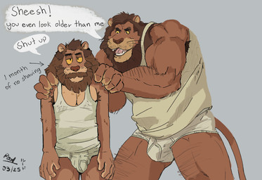 affectionate age_difference annoyed anthro arm_hair armpit_hair armpit_tuft balls_outline barazoku beard biceps big_bulge big_muscles big_pecs body_hair briefs brown_armpit_hair brown_body brown_facial_hair brown_fur brown_mane brown_mustache bulge clothed clothing detailed_bulge dialogue duo facial_hair fur genital_outline grey_background hands_on_shoulders holding_shoulders larger_anthro larger_male leg_hair male male/male mane manly mature_anthro mature_male monotone_briefs monotone_clothing monotone_shirt monotone_tank_top monotone_topwear monotone_underwear muscular muscular_anthro muscular_arms muscular_male muscular_thighs mustache older_anthro older_male pantsless pantsless_anthro pantsless_male pecs penis_outline playful playful_banter playful_expression playful_face shirt shoulder_grab simple_background size_difference smaller_anthro smaller_male speech_bubble standing tail tank_top teasing teasing_partner text thick_arms thick_thighs tightey_whities tighty_whities topwear underwear whiskers white_briefs white_clothing white_shirt white_tank_top white_topwear white_underwear yellow_eyes younger_anthro younger_male roolthelion paco_(roolthelion) rool_(roolthelion) felid feline lion mammal pantherine 2025 english_text hi_res father_(lore) father_and_child_(lore) father_and_son_(lore) parent_(lore) parent_and_child_(lore) parent_and_son_(lore) son_(lore)