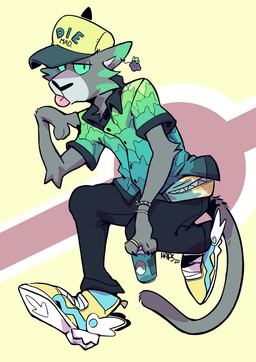 anthro baseball_cap biped blep body_hair bottomwear can claws clothed clothing collared_shirt container dress_shirt ear_piercing ear_ring fanny_pack footwear fur green_body green_fur green_sclera grey_body grey_fur hat headgear headwear jewelry looking_at_viewer male multicolored_body multicolored_fur pants piercing ring ring_piercing shirt shoes simple_background solo text tongue tongue_out topwear two_tone_body two_tone_fur white_body white_fur yellow_background zipper haps adastra adastra_(series) echo_project alexios_(adastra) domestic_cat felid feline felis mammal 2020 digital_media_(artwork) english_text hi_res