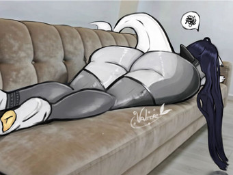 annoyed anthro big_butt black_body black_clothing black_legwear black_stockings butt clothing dolphin_tail female fin furniture glistening glistening_body grey_body hair leg_tattoo legwear long_hair lying pawpads purple_hair rear_view sofa stockings tattoo trend white_body wide_hips yellow_pawpads valmore leara_(l0velyblue) aquatic cetacean dolphin mammal toothed_whale 4:3 digital_drawing_(artwork) digital_media_(artwork) hi_res