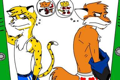 anthro black_body black_fur clothed clothing duo frown fur furgonomics locker locker_room looking_at_another looking_back male orange_body orange_fur raised_tail rivalry shirt simple_background spots tail tail_clothing tank_top thought_bubble toony topless topwear underwear white_background white_body white_fur yellow_body yellow_fur smoh2go closet_coon colin_young duma_matambo canid canine cheetah felid feline fox mammal 2007 3:2 flat_colors
