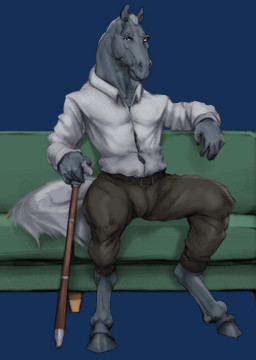 anthro belt belt_buckle bottomwear buckle cane clothing eye_scar facial_scar fingers fur furniture grey_body grey_fur hair holding_cane holding_object hooves horse_ears leaning_on_furniture looking_at_viewer male pants scar shirt sitting sofa solo tail topwear white_hair white_tail laser_(artist) biers equid equine horse mammal alpha_channel hi_res
