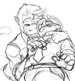 anthro belt bottomwear clothed clothing duo eyewear finger_in_mouth fur glasses hair low-angle_view male male/male necktie pants size_difference smile tail teeth touching_another pandottermon aperil haplorhine mammal monkey mustelid otter primate black_and_white hi_res monochrome sketch