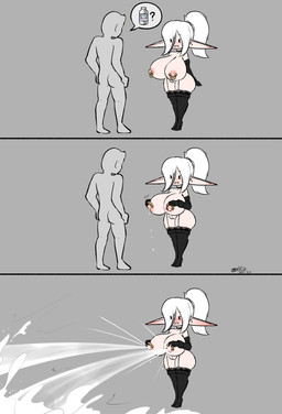 big_breasts bodily_fluids breasts butt duo excessive_lactation female genitals hair hair_over_eye huge_breasts humanoid_pointy_ears humor lactating long_ears male milk one_eye_obstructed pointy_ears ponytail projectile_lactation question_mark ranged_weapon shortstack speech_bubble text thick_thighs vulva weapon white_hair wide_hips zedrin elf human humanoid mammal 2024 absurd_res alternate_version_at_source character_request hi_res signature