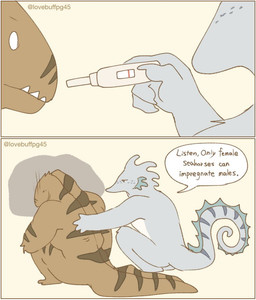 anthro comforting comforting_another dialogue disappointed duo male male/male nude pregnancy_test teeth text lovebuffpg45 aquatic eel fish moray_eel seahorse syngnathid syngnathiform comic english_text