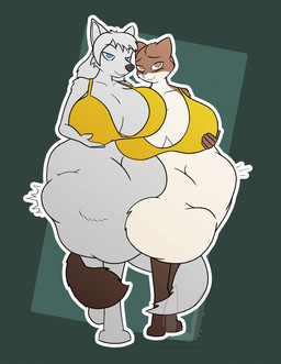 5_fingers anthro belly big_belly big_breasts bikini black_nose blue_eyes breasts brown_body brown_eyes brown_fur cleavage clothed clothing duo eyebrows feet female fingers fur green_background grey_body grey_fur grey_hair hair hand_on_breast multicolored_body multicolored_fur pink_nose simple_background smile standing swimwear tail two-piece_swimsuit vore rabbitinafoxden canid canine canis mammal rodent sciurid tree_squirrel wolf hi_res watermark