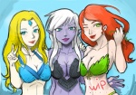 bikini blonde_hair breasts cleavage clothed clothing female gesture group hair hand_gesture looking_at_viewer not_furry one_eye_closed red_hair smile swimwear tight_clothing two-piece_swimsuit v_sign white_hair wink agito666 dota valve lyralei_the_windranger rylai_the_crystal_maiden traxex_the_drow_ranger drow elf humanoid