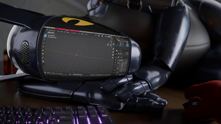 anthro black_body blender_logo computer_mouse cursor desk duo furniture glitch head_on_hands inside keyboard lying lying_on_desk machine on_side rgb_lighting solo_focus table yellow_eyes tooeks nicoreda_(modeler) android robot 16:9 2025 3d_(artwork) 3d_animation animated blender_(artwork) digital_media_(artwork) hi_res long_playtime no_sound webm widescreen