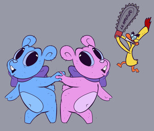 ambiguous_gender bow_accessory chainsaw group hand_holding imminent_violence male power_tool tools trio haiku_oezu duckman_(character) fluffy_(duckman) uranus_(duckman) anatid anseriform avian bird duck teddy_bear_(species) hi_res