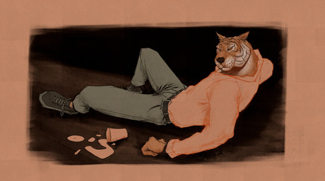 anthro belt black_belt black_nose bottomwear clothed clothing fur grey_bottomwear grey_clothing grey_pants looking_at_viewer male male_anthro mouth_closed orange_body orange_fur pants pink_clothing pink_topwear pupils red_eyes simple_background solo striped_body striped_fur stripes topwear white_body white_fur yellow_pupils yellow_sclera aduran felid mammal pantherine tiger absurd_res hi_res sketch
