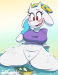 anthro blush bottomless breasts clothed clothing crotch_tuft eyelashes female fur genitals gloves handwear kneeling navel pussy shirt solo sponge spread_legs spreading topwear tuft white_body white_fur monamania undertale_(series) toriel bovid caprine goat mammal 2022 absurd_res hi_res