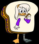 anthro clothed clothing costume female food food_costume holding_food holding_object jelly_(food) peanut_butter prosthetic prosthetic_leg prosthetic_limb sandwich_(food) sandwich_costume simple_background solo standing transparent_background vixdojofox disney ducktales ducktales_(2017) della_duck anatid anseriform avian bird duck alpha_channel