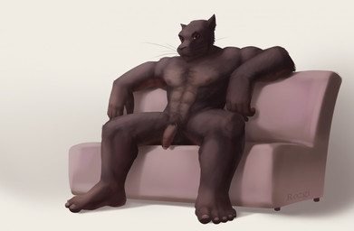 anthro areola athletic athletic_anthro athletic_male balls feet foreskin fur furniture genitals half-erect humanoid_feet humanoid_genitalia humanoid_penis looking_at_viewer male muscular muscular_male nipples nude on_sofa partially_retracted_foreskin pecs penis plantigrade simple_background sitting sofa solo spread_legs spreading toes rozgi felid mammal pantherine digital_media_(artwork)