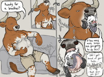 anthro bodily_fluids body_in_mouth bottomwear clothed clothing drooling duo endosoma face_lick furniture hooves horn licking male neck_bulge on_sofa onomatopoeia pants pants_only regurgitation safe_vore saliva shorts shorts_only sitting sitting_on_sofa size_difference slurping sofa sound_effects swallowing text tongue topless topless_anthro topless_male unbuttoned_shorts vore hgythshs haich_(hgythshs) bovid bovine canid canine canis cattle hybrid mammal reptile scalie snake wolf 2025 comic digital_media_(artwork) english_text hi_res