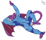 abs anthro biceps bodily_fluids bodysuit clothing lying male membrane_(anatomy) membranous_wings muscular muscular_anthro muscular_male muscular_thighs on_back pecs serratus skinsuit solo sweat tail thick_thighs tight_clothing triceps wings zero_suit smikeart metroid nintendo ridley space_dragon_(metroid) absurd_res full-length_portrait hi_res portrait