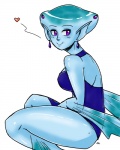 blue_body blue_skin blush breasts clothing dress ear_piercing female heart_symbol looking_at_viewer piercing purple_eyes simple_background smile solo swimwear white_background theeyzmaster majora's_mask nintendo the_legend_of_zelda lulu_(tloz) animal_humanoid fish fish_humanoid humanoid marine marine_humanoid zora 4:5