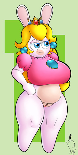 anthro bent_arm big_breasts blonde_hair blue_ear_piercing blue_eyes bottomless bottomless_anthro bottomless_female breasts clitoris closed_smile clothed clothing confident confident_female crown curvy_figure ear_piercing eyelashes featureless_legs female female_anthro fur gem genitals hair hand_on_hip hand_on_own_hip headgear humanoid_genitalia humanoid_vulva lidded_eyes light logo long_ears long_hair mismatched_genitalia mismatched_humanoid_vulva mismatched_vulva mitten_hands mouth_closed multicolored_body noseless piercing pink_clitoral_hood pink_clitoris pink_clothing pink_inner_ear pink_shirt pink_topwear ruby_(gem) sapphire_(gem) shirt simple_background slightly_chubby slightly_chubby_anthro slightly_chubby_female smile solo tan_body tan_eyelids tan_skin tan_vulva thick_thighs thin_eyebrows topwear two_tone_body vulva white_body white_fur reypan mario_bros mario_plus_rabbids_kingdom_battle nintendo raving_rabbids rayman_(series) ubisoft rabbid_peach lagomorph mammal rabbid 2025 absurd_res artist_logo colored crossover digital_drawing_(artwork) digital_media_(artwork) english_description hi_res lighting shaded soft_shading