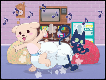 3_toes 4_fingers ambiguous_gender anthro bean_bag big_diaper black_body black_border black_fur black_nose black_tail blue_floor blue_nose blush blush_lines blush_stickers border brick brick_wall butt_bump clean_diaper clock clothed clothing cloud_emanata crt cuckoo_clock diaper diaper_bump diaper_only diaper_package diaper_puff dot_eyes duo emanata feet fingers fist floor floppy_ears fur game_cartridge gesture green_sclera hand_gesture huge_diaper inside looking_at_another looking_at_partner looking_back looking_back_at_another looking_back_at_partner musical_note musical_symbol on_one_leg open_mouth open_smile pointing pushbutton simple_eyes smile spiral standing symbol tail tan_body tan_fur text tile tile_floor toes topless wall_(structure) wearing_diaper white_diaper tenerius bits_and_bops bit_(bits_and_bops) bop_(bits_and_bops) canid canine canis domestic_cat domestic_dog felid feline felis mammal absurd_res english_text hi_res