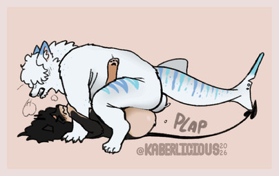 anal anal_penetration anthro anus balls big_balls big_butt big_penis black_body blush blush_lines bodily_fluids bouncing_balls breath brown_body butt clenched_teeth curly_hair duo femboy freckles from_front_position genital_fluids genitals hair holding_arm horn large_penetration larger_male male male/male mane mane_hair markings mating_press onomatopoeia overweight overweight_male paws penetration penis piercing plap puffy_anus sex shark_tail side_view size_difference smaller_male smaller_penetrated sound_effects spade_tail striped_markings striped_tail stripes tail tail_markings teeth text whiskers white_body kaberlici0us mythology kaber pascal_(onemillionfish) arctic_fox canid canid_demon canine canis demon domestic_dog fish fox hellhound hybrid mammal marine mythological_canine mythological_creature requiem_shark shark shiba_inu spitz tiger_shark true_fox animated hi_res