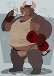 anthro belly bodily_fluids bulge clothing eyes_closed humanoid_hands kemono male milk overweight overweight_anthro overweight_male shirt solo sweat tank_top topwear underwear motogen bovid bovine cattle mammal 2021 hi_res