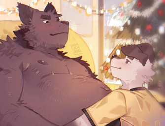 anthro black_body black_eyes black_fur blush clothing duo eye_contact fur looking_at_another male male/male nude_anthro nude_male shirt topwear white_body white_fur yellow_clothing yellow_shirt yellow_topwear hemuchang pots_(hemuchang) shin_(hemuchang) canid canine canis domestic_dog felid mammal pantherine 2022 hi_res